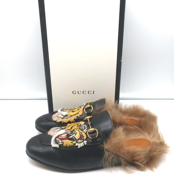 Gucci Shoes - GUCCI FUR PRINCETOWN MULES BLACK TIGER-EMBROIDERED LEATHER SIZE 37